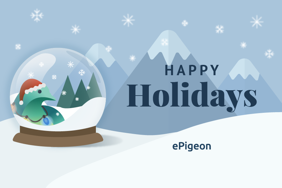 Holiday graphic for Epigeon with a snowy mountain and a epigeon logo mark in a snow globe